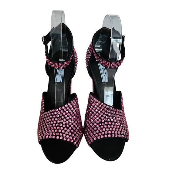 Prada Crystal Embellished Pink Ankle Strap Heel Sandal Size 39.5 US 9.5 Open Toe - Picture 2 of 9